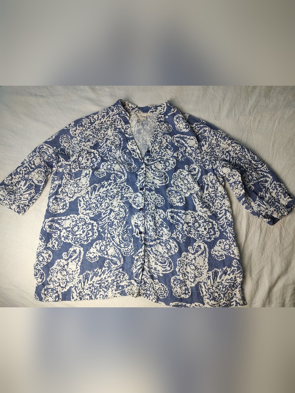 JM Collection Blue  White Floral Button-Front Shirt 100% Linen
